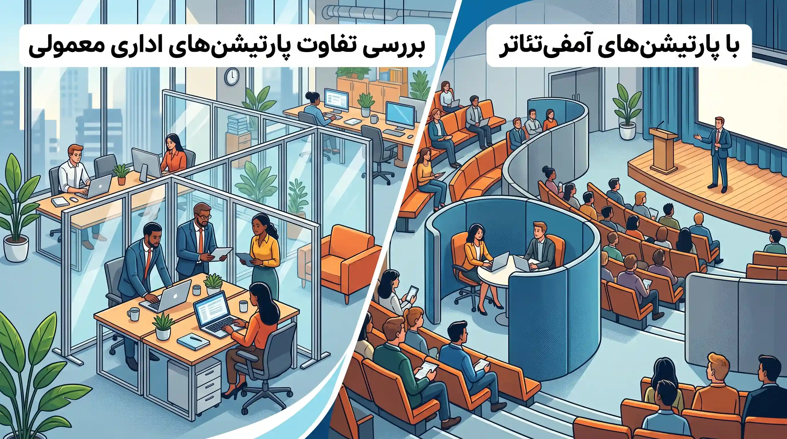 🏢 بررسی تفاوت پارتیشن&zwnj;های اداری معمولی با پارتیشن&zwnj;های آمفی&zwnj;تئاتر