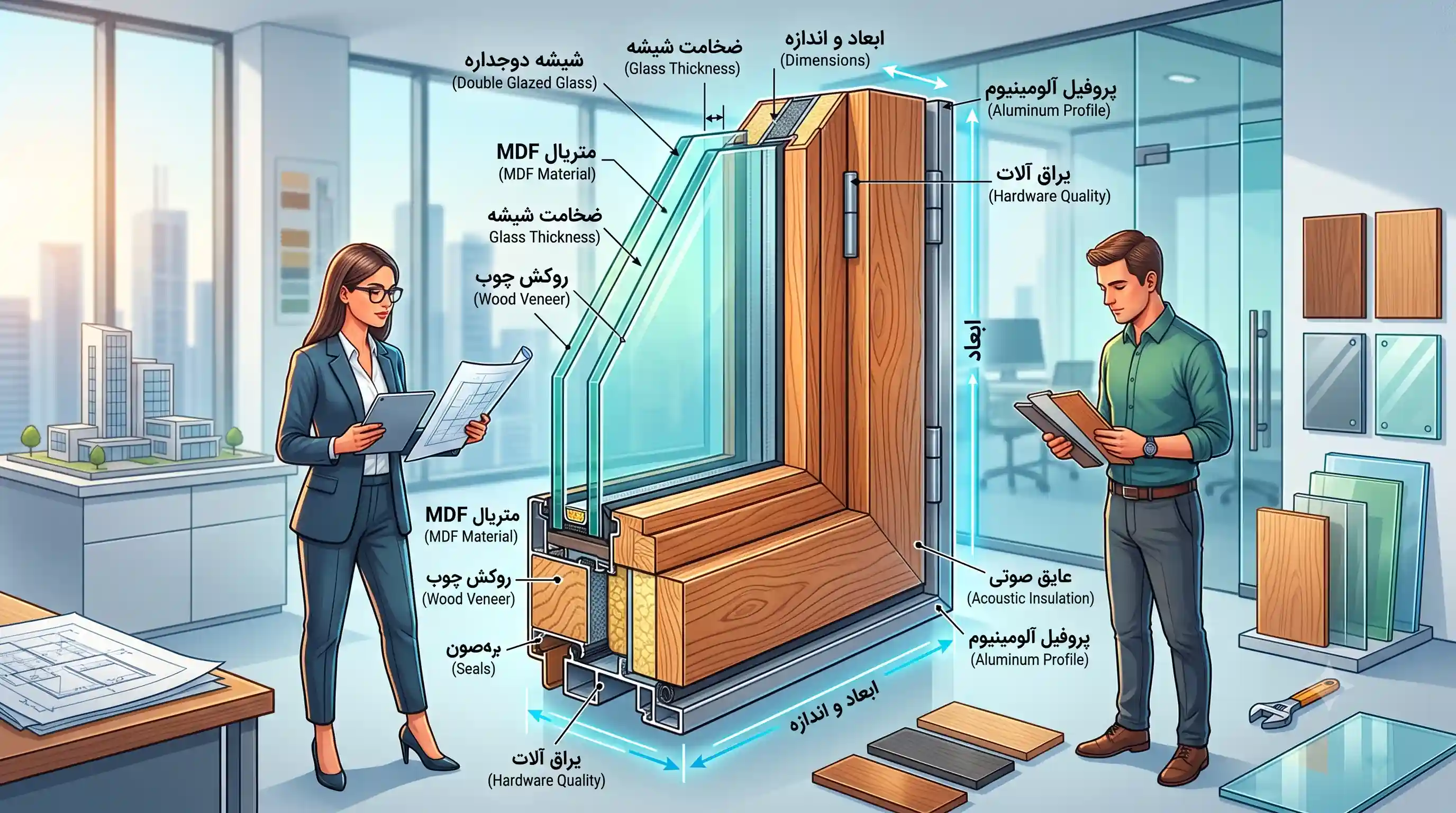 🛠️ مشخصات فنی و کیفیت متریال در محاسبه قیمت پارتیشن دوجداره ام دی اف و شیشه