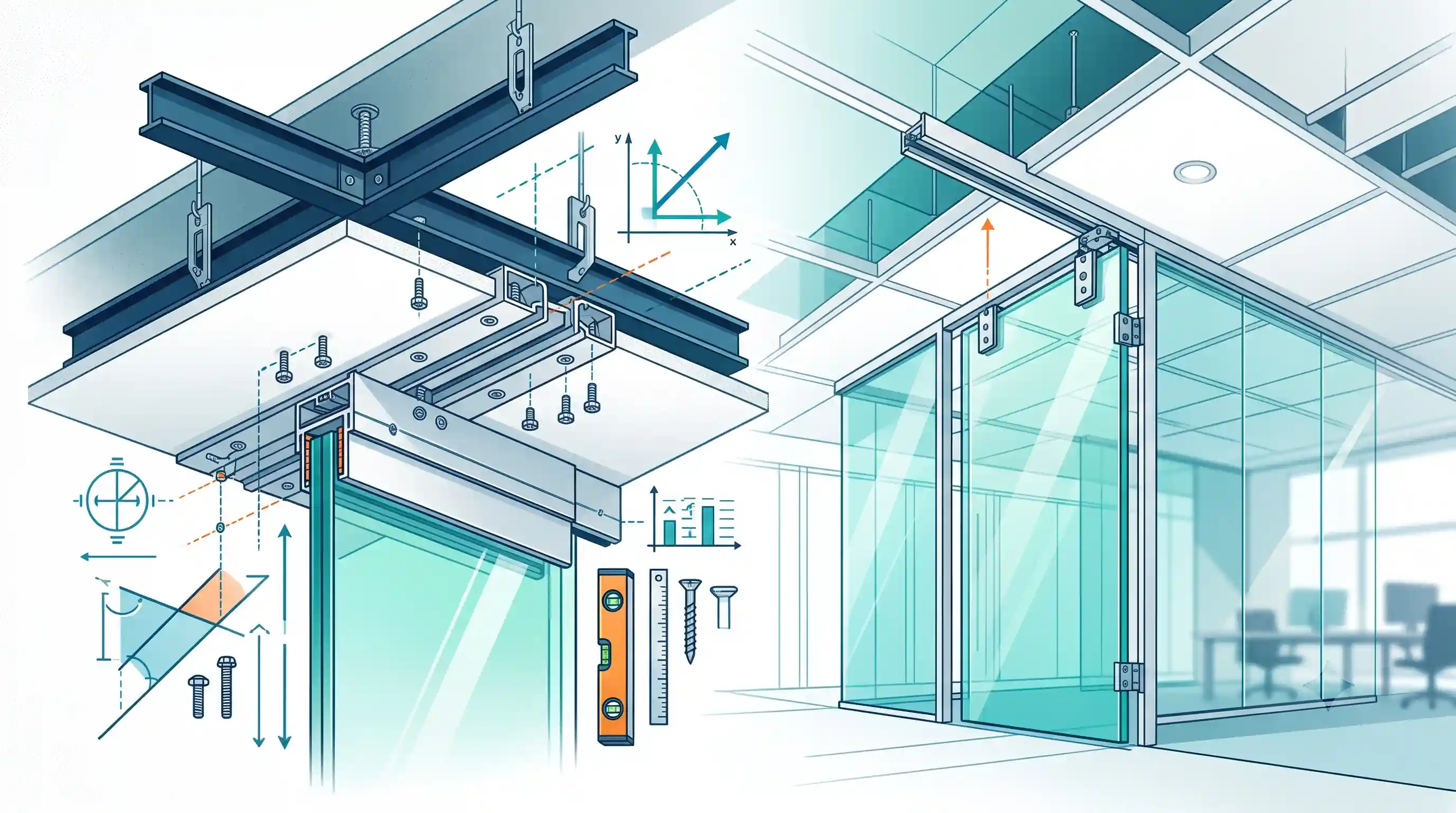 🛠️ مراحل اجرایی دقیق و مهار مهندسی اتصال پارتیشن شیشه&zwnj;ای به سقف کاذب