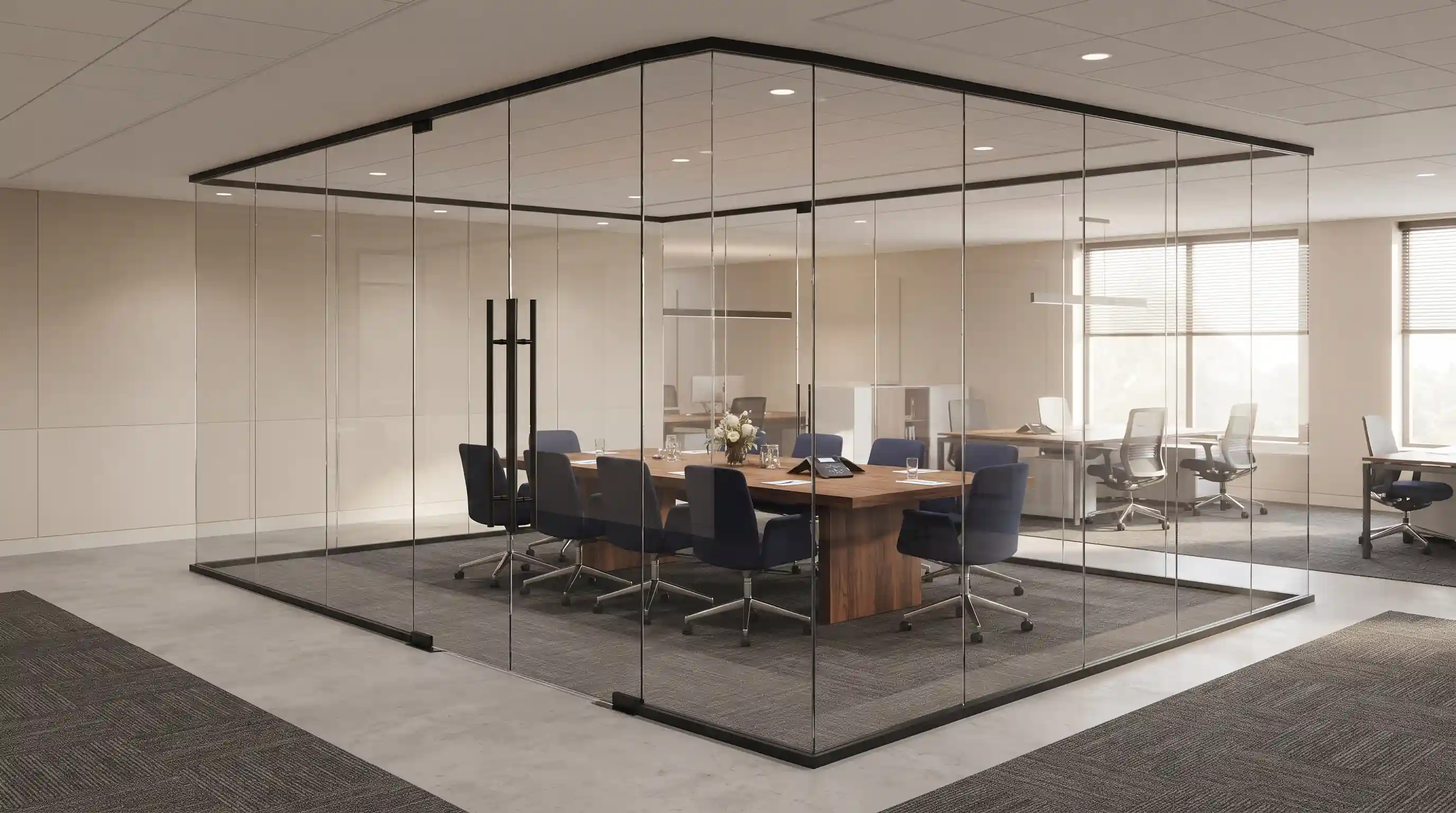 ✨ خدمات تخصصی مجموعه اداری سازه در اجرای پارتیشن فریم لس سالن کنفرانس