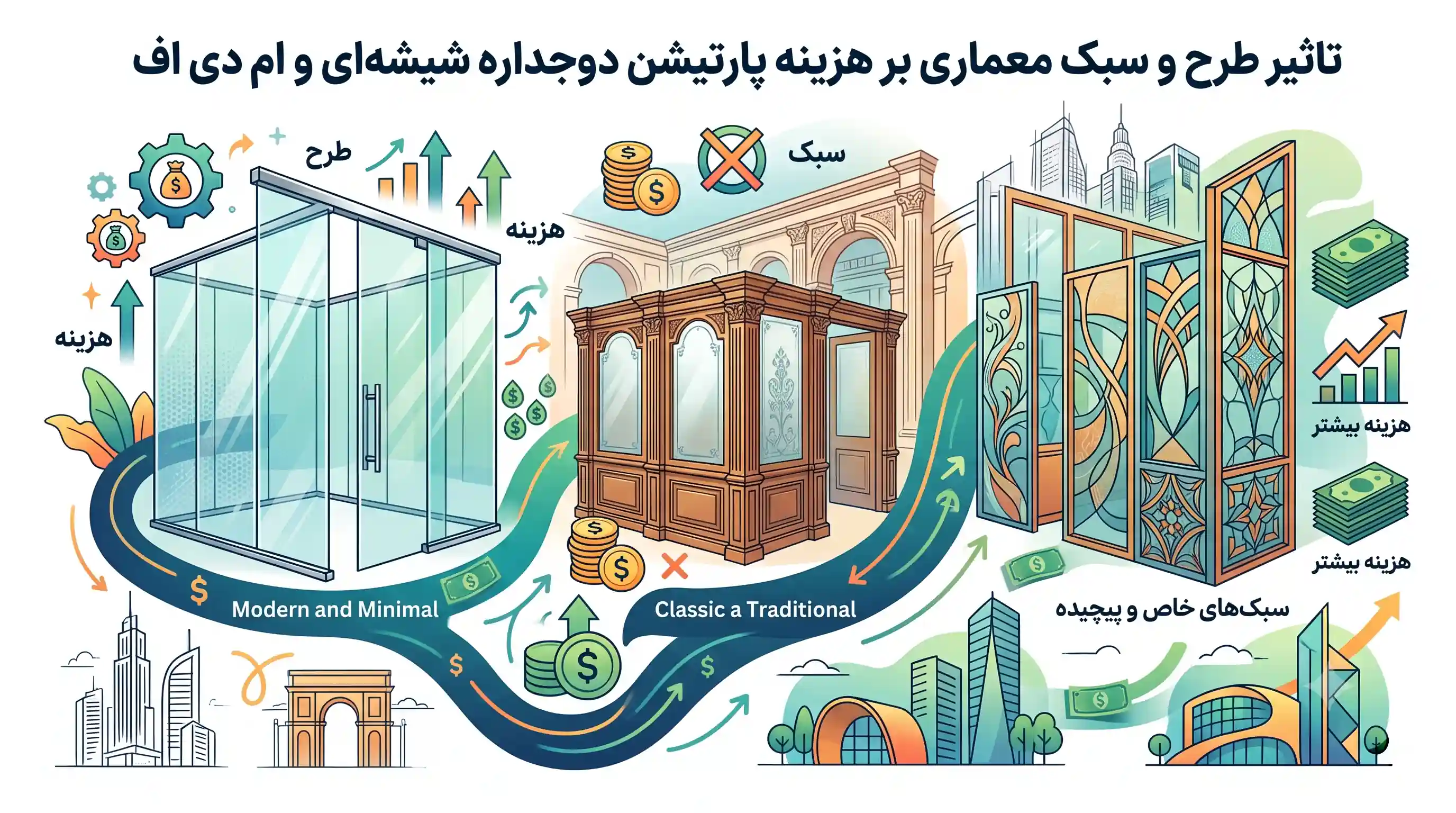 🎨 تاثیر طرح و سبک معماری بر هزینه پارتیشن دوجداره شیشه&zwnj;ای و ام دی اف
