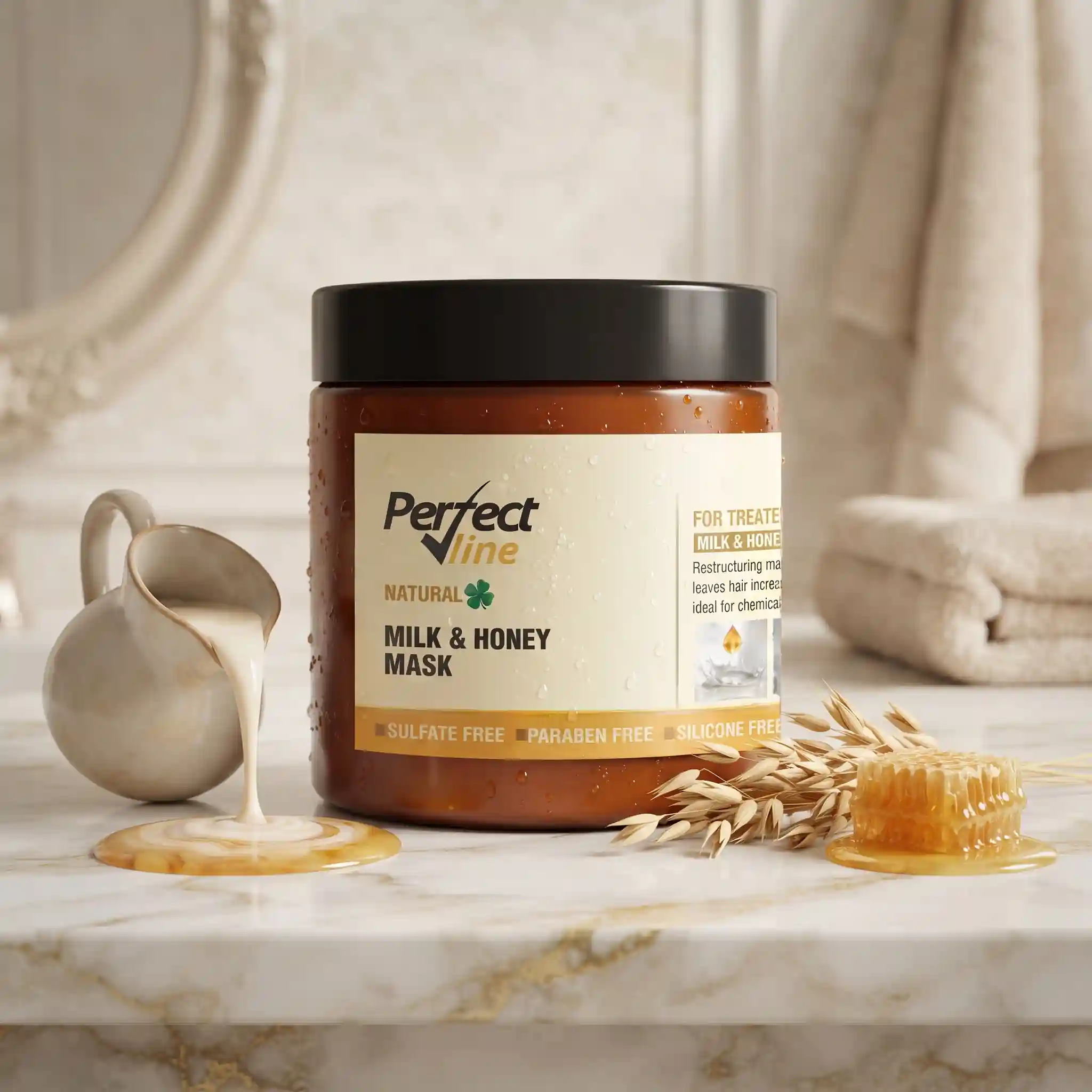 از ماسک موی شیر وعسل پرفکت ﻻین | Perfect Line Milk & Honey Mask برای آبرسانی عمیق استفاده کنید