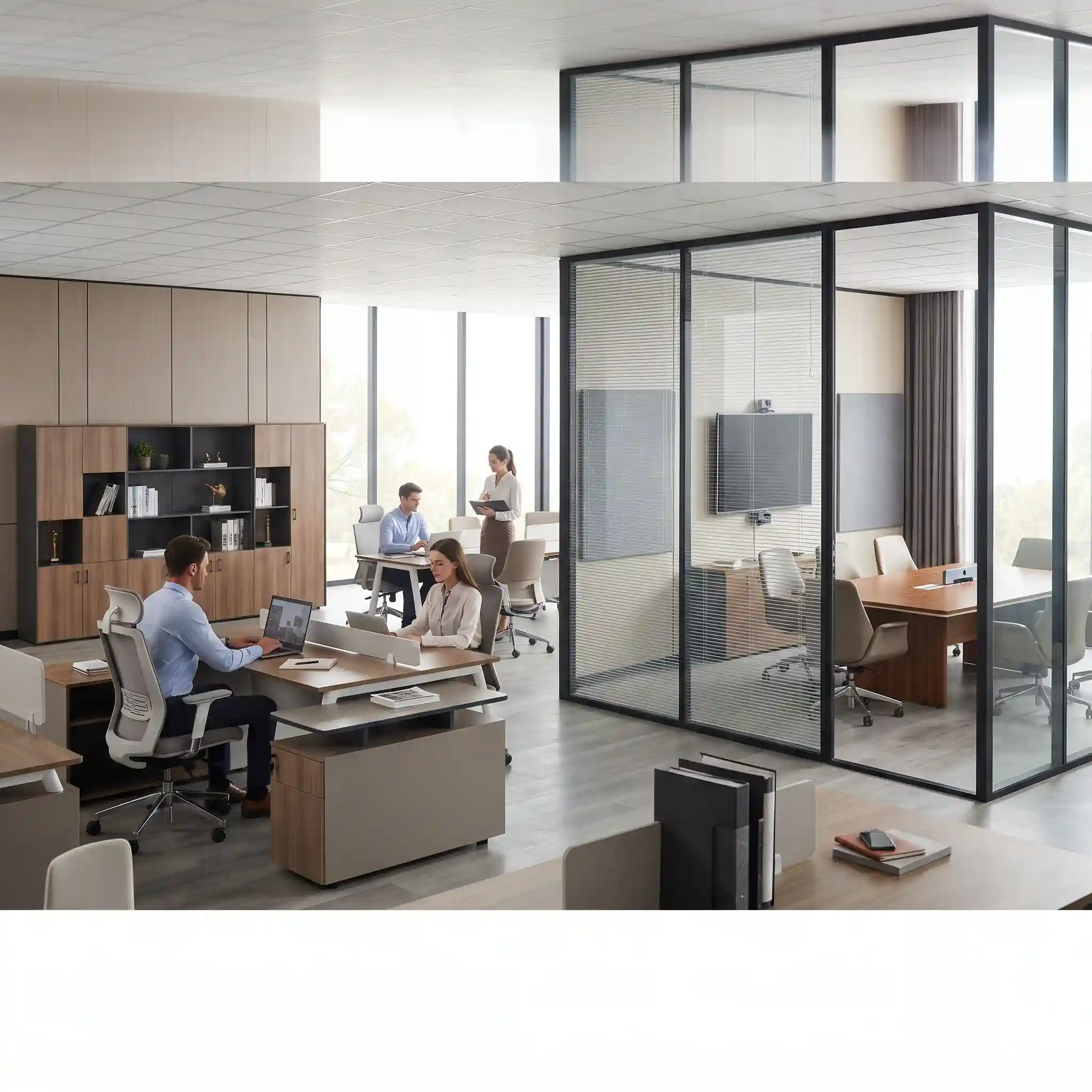 تجهیز کامل دفاتر با پارتیشن اداری، میز کنفرانس و کابینتهای شیک