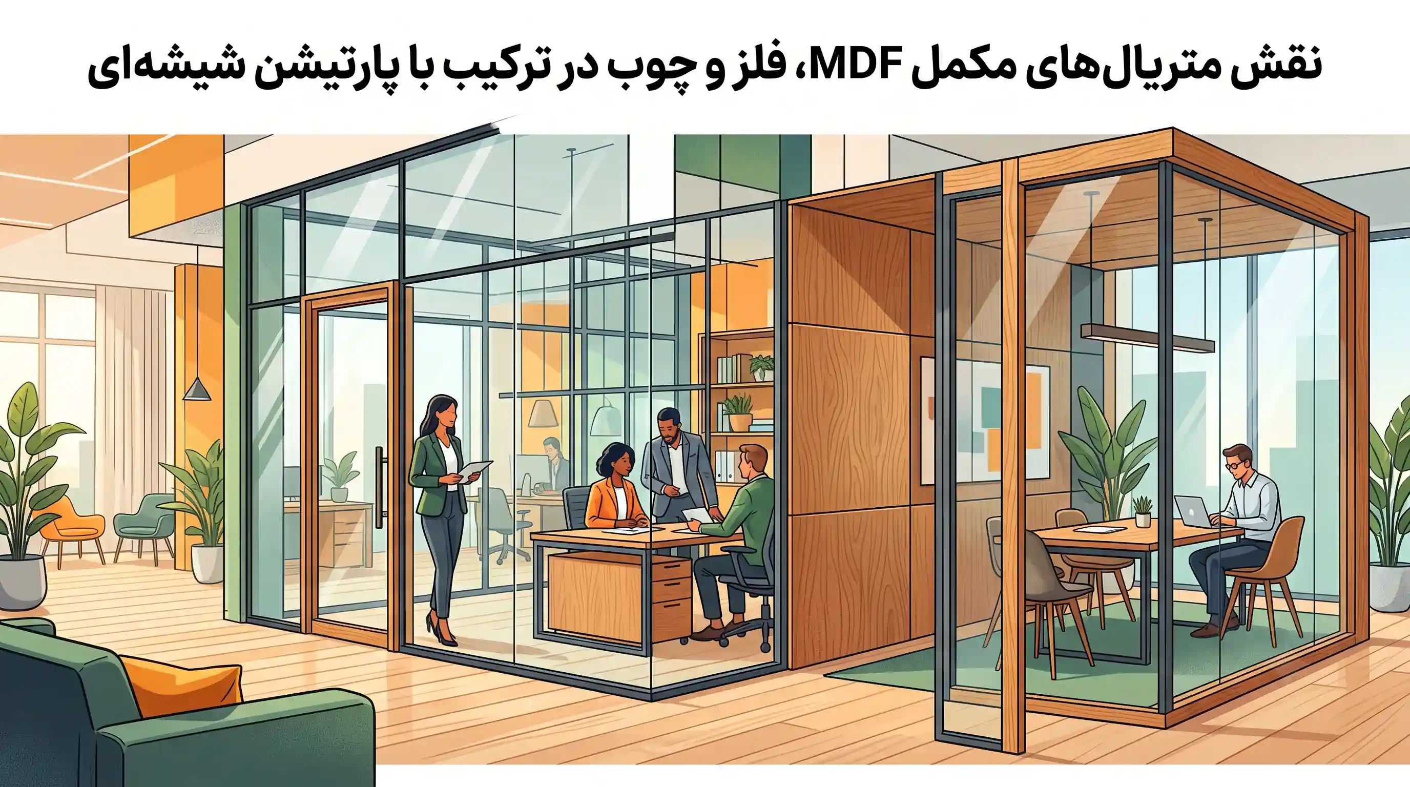 🧩 نقش متریال&zwnj;های مکمل MDF، فلز و چوب در ترکیب با پارتیشن شیشه&zwnj;ای