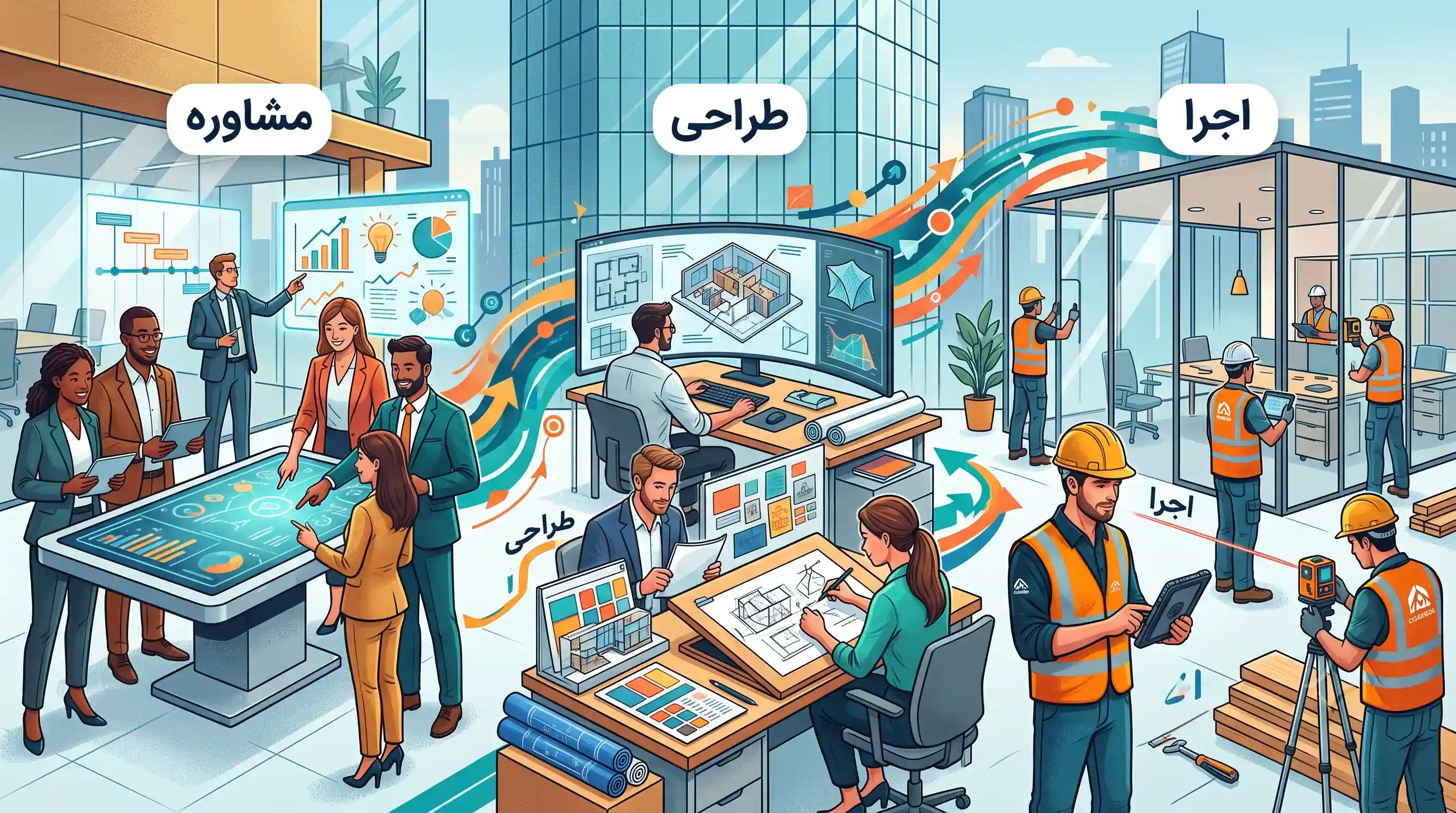 🏗️ مراحل مشاوره، طراحی و اجرای تخصصی توسط تیم اداری سازه