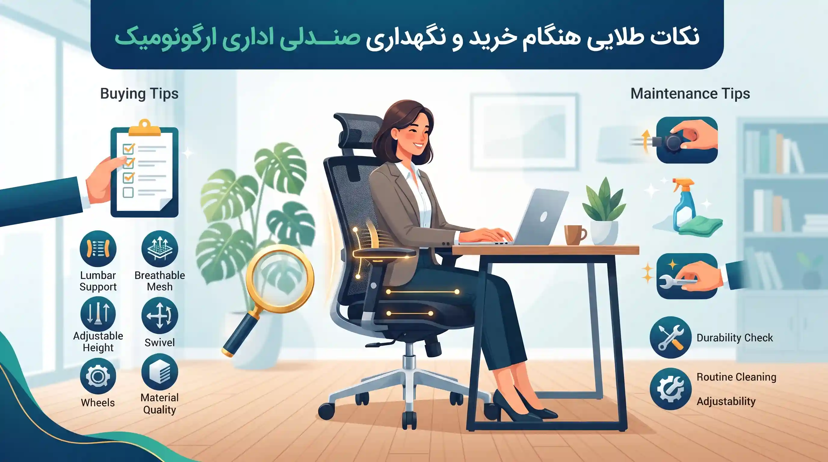 🛠️ نکات طلایی هنگام خرید و نگهداری صندلی اداری ارگونومیک