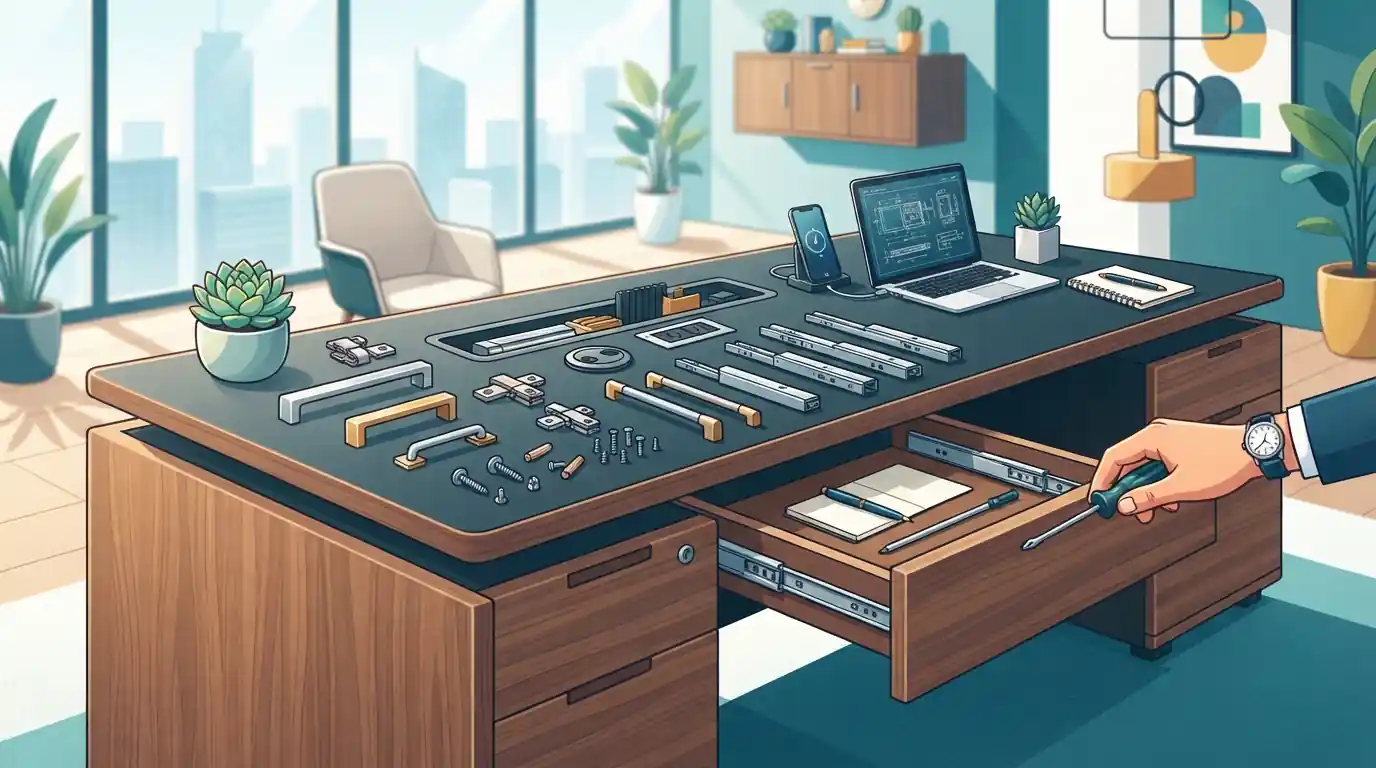 🛠️ یراقآلات، اتصالات و تجهیزات جانبی همراه میزهای مدیریت امدیاف