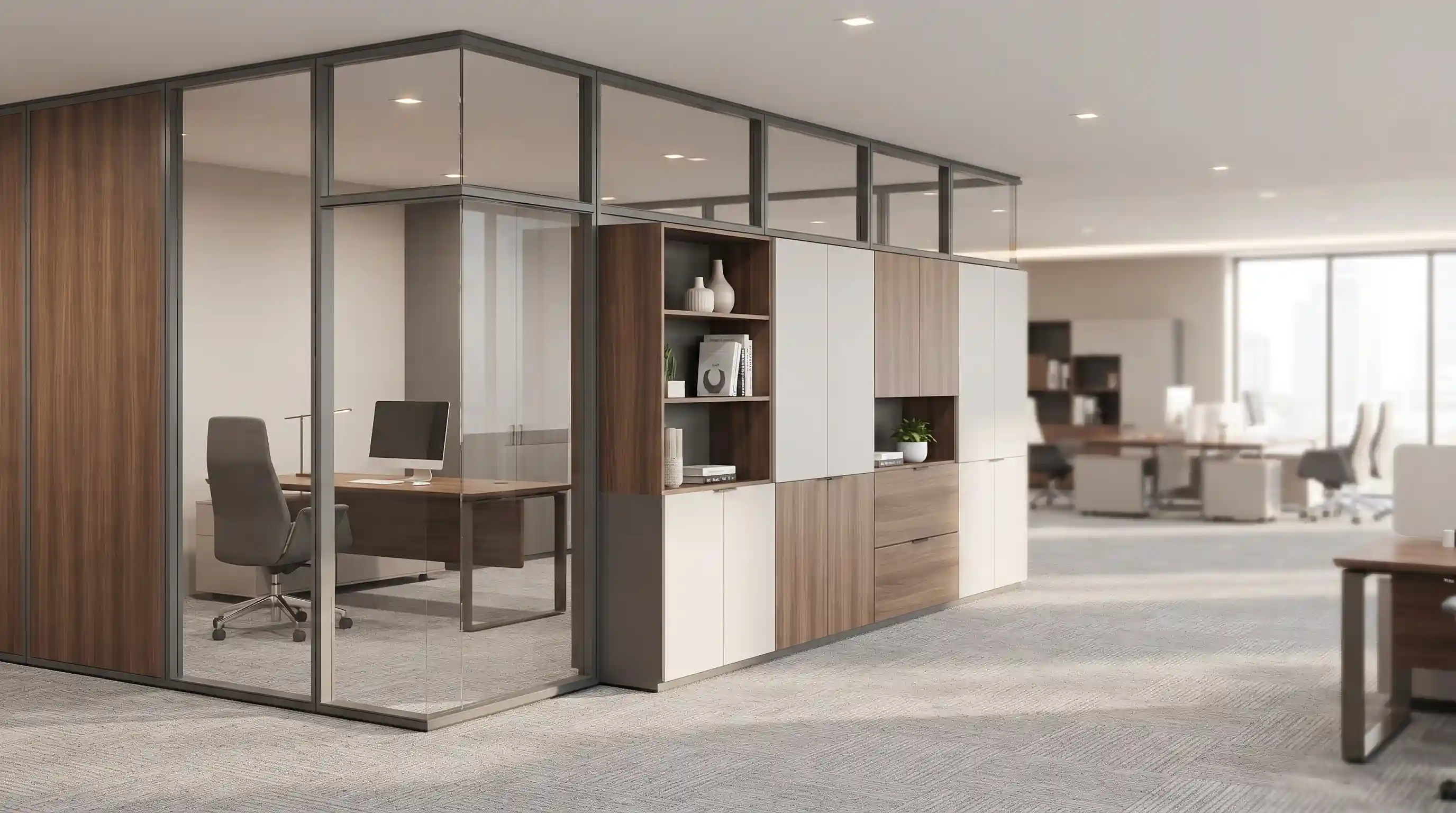 🤝 ترکیب هوشمندانه کابینت و پارتیشن برای مدیریت بهینه فضا